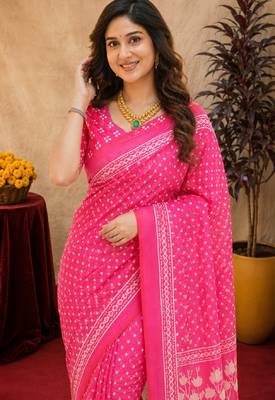  pink chanderi cotton blend printed work 1 minute ready to wear saree with unstitched blouse piece 5