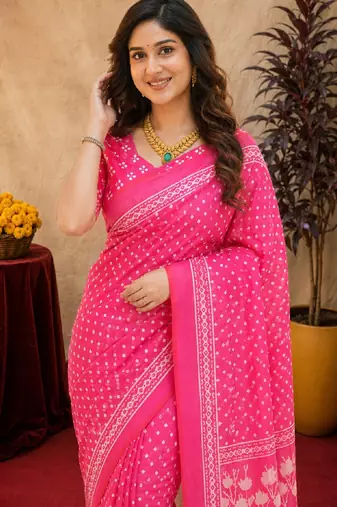  pink chanderi cotton blend printed work 1 minute ready to wear saree with unstitched blouse piece