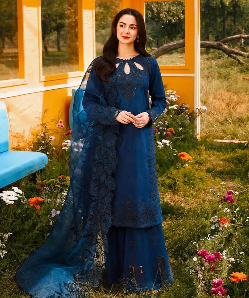 Dark-blue rayon embroidered palazzo set