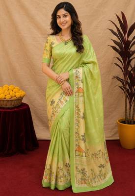  pista chanderi cotton blend printed  1 minute ready to wear saree with unstitched blouse piece 2