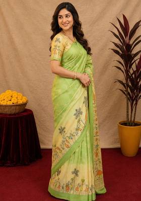  pista chanderi cotton blend printed  1 minute ready to wear saree with unstitched blouse piece 3