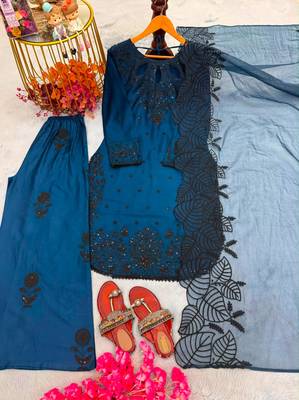 Dark-blue rayon embroidered palazzo set 3