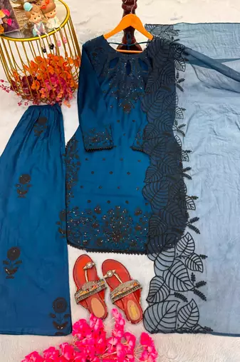 Dark-blue rayon embroidered palazzo set
