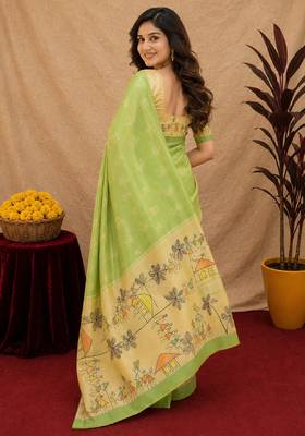  pista chanderi cotton blend printed  1 minute ready to wear saree with unstitched blouse piece 4