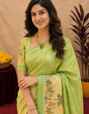  pista chanderi cotton blend printed  1 minute ready to wear saree with unstitched blouse piece 5