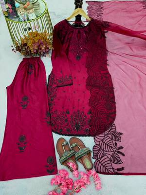 Magenta rayon embroidered palazzo set 2