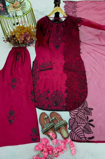 Magenta rayon embroidered palazzo set
