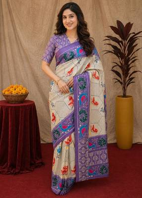  off white lavender chanderi cotton blend printed 1 minute ready to wear saree with unstitched blouse piece 1
