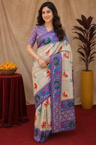  off white lavender chanderi cotton blend printed 1 minute ready to wear saree with unstitched blouse piece