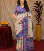  off white lavender chanderi cotton blend printed 1 minute ready to wear saree with unstitched blouse piece