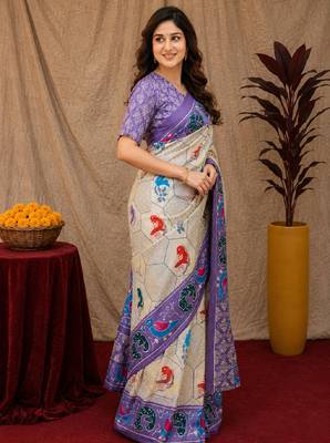  off white lavender chanderi cotton blend printed 1 minute ready to wear saree with unstitched blouse piece 2