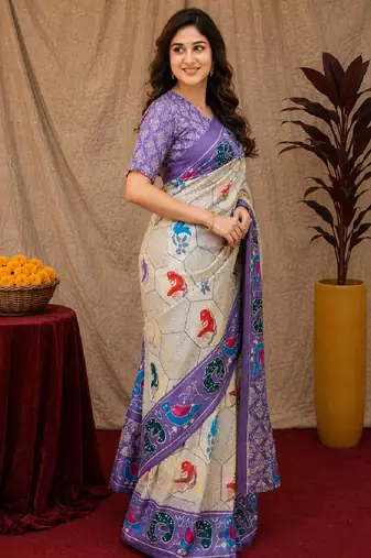  off white lavender chanderi cotton blend printed 1 minute ready to wear saree with unstitched blouse piece