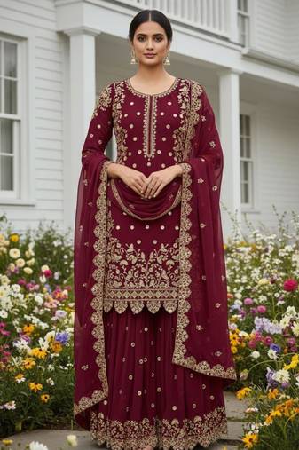 Wine faux georgette embroidered palazzo set