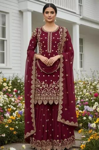 Wine faux georgette embroidered palazzo set