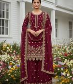 Wine faux georgette embroidered palazzo set