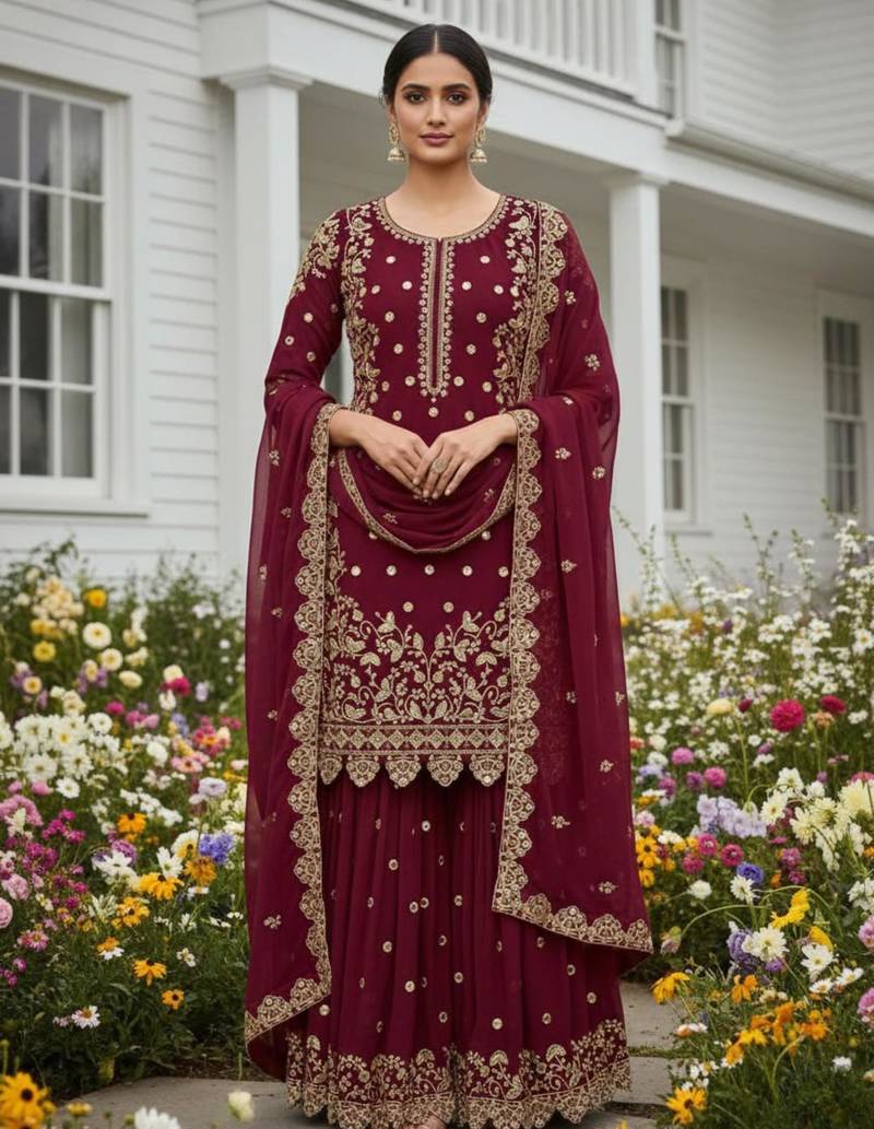 Wine faux georgette embroidered palazzo set