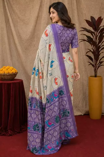  off white lavender chanderi cotton blend printed 1 minute ready to wear saree with unstitched blouse piece