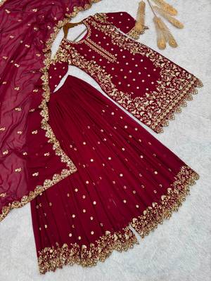 Wine faux georgette embroidered palazzo set 2