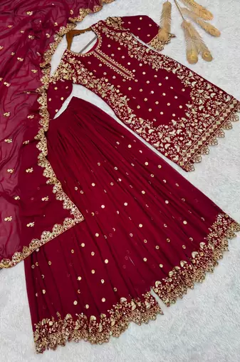 Wine faux georgette embroidered palazzo set
