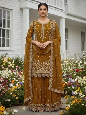 Dark-yellow faux georgette embroidered palazzo set 1