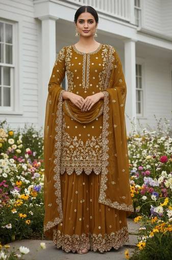Dark-yellow faux georgette embroidered palazzo set