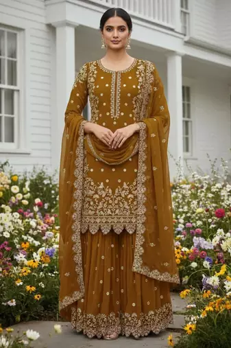 Dark-yellow faux georgette embroidered palazzo set