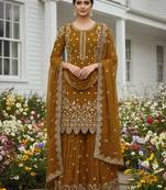 Dark-yellow faux georgette embroidered palazzo set