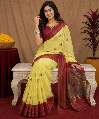  yellow maroon chanderi cotton blend printed 1 minute ready to wear saree with unstitched blouse piece 1