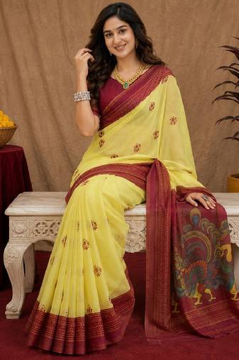  yellow maroon chanderi cotton blend printed 1 minute ready to wear saree with unstitched blouse piece