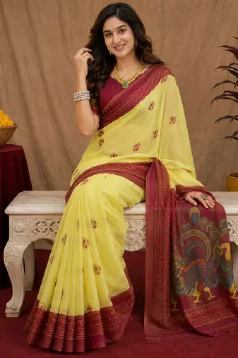  yellow maroon chanderi cotton blend printed 1 minute ready to wear saree with unstitched blouse piece