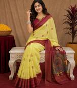  yellow maroon chanderi cotton blend printed 1 minute ready to wear saree with unstitched blouse piece