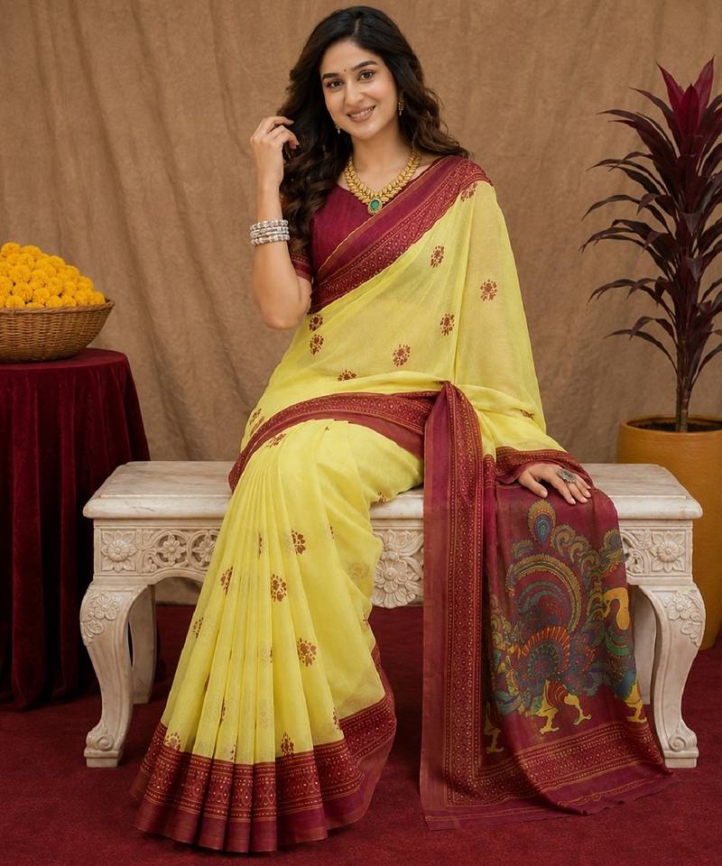  yellow maroon chanderi cotton blend printed 1 minute ready to wear saree with unstitched blouse piece