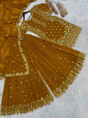 Dark-yellow faux georgette embroidered palazzo set 2