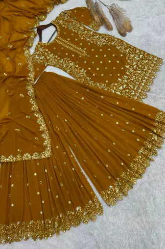 Dark-yellow faux georgette embroidered palazzo set