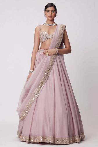 Ash Pink 5MM Sequins + Paper Mirror with Zari Embroidered Organza Silk Wedding Lehenga Choli