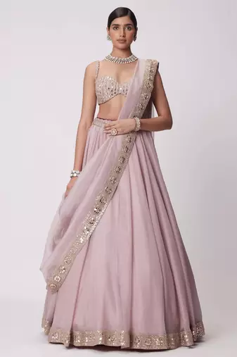 Ash Pink 5MM Sequins + Paper Mirror with Zari Embroidered Organza Silk Wedding Lehenga Choli