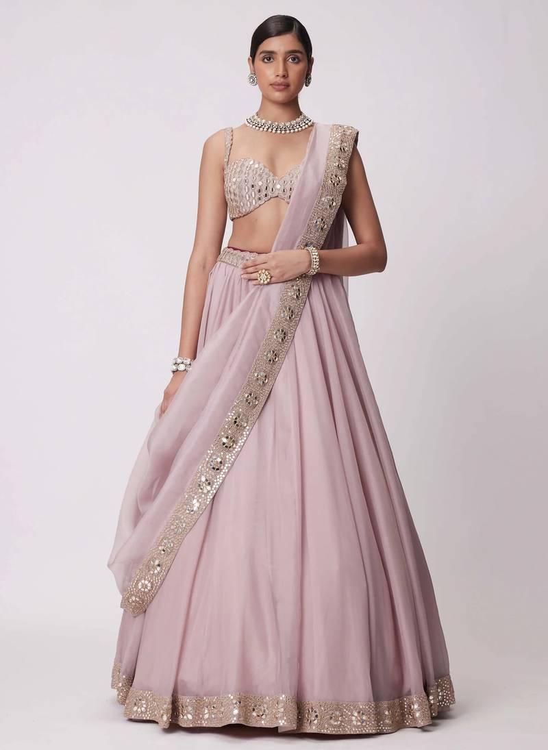 Ash Pink 5MM Sequins + Paper Mirror with Zari Embroidered Organza Silk Wedding Lehenga Choli