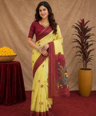  yellow maroon chanderi cotton blend printed 1 minute ready to wear saree with unstitched blouse piece 2