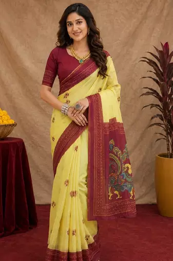  yellow maroon chanderi cotton blend printed 1 minute ready to wear saree with unstitched blouse piece