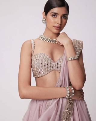 Ash Pink 5MM Sequins + Paper Mirror with Zari Embroidered Organza Silk Wedding Lehenga Choli 2