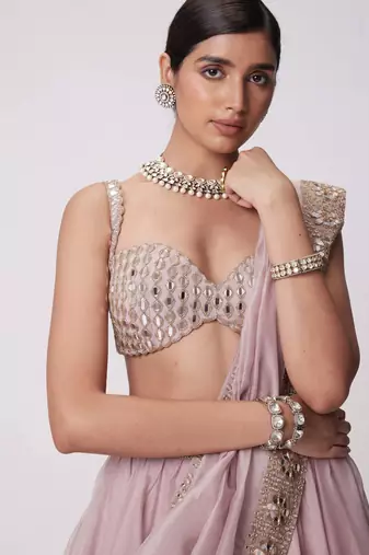 Ash Pink 5MM Sequins + Paper Mirror with Zari Embroidered Organza Silk Wedding Lehenga Choli