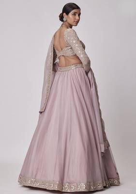 Ash Pink 5MM Sequins + Paper Mirror with Zari Embroidered Organza Silk Wedding Lehenga Choli 3