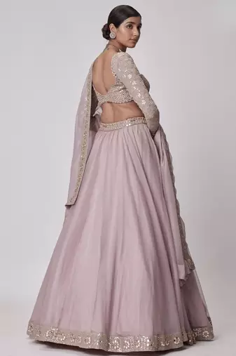 Ash Pink 5MM Sequins + Paper Mirror with Zari Embroidered Organza Silk Wedding Lehenga Choli