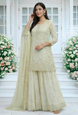 Cream faux georgette embroidered palazzo set 1