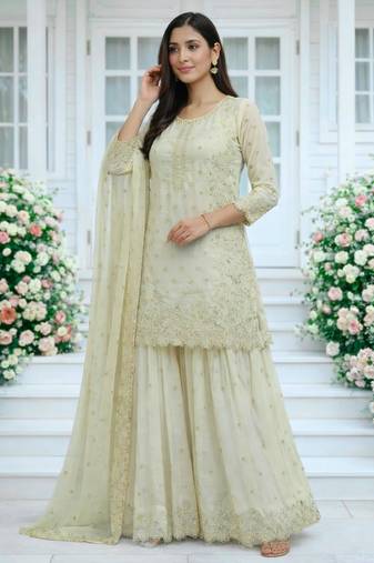 Cream faux georgette embroidered palazzo set