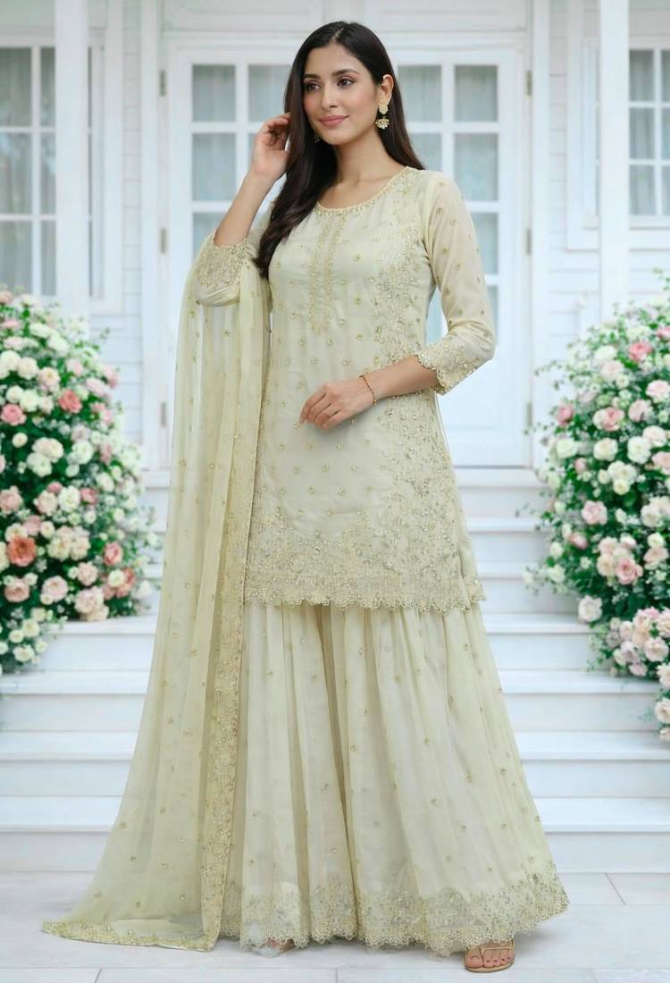 Cream faux georgette embroidered palazzo set