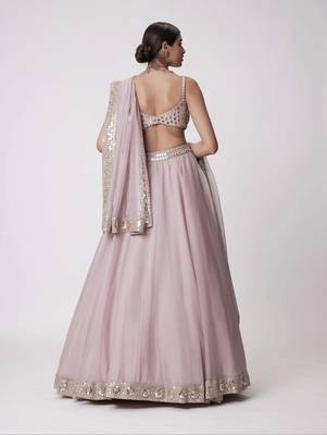 Ash Pink 5MM Sequins + Paper Mirror with Zari Embroidered Organza Silk Wedding Lehenga Choli 4