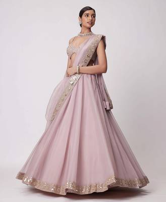 Ash Pink 5MM Sequins + Paper Mirror with Zari Embroidered Organza Silk Wedding Lehenga Choli 5