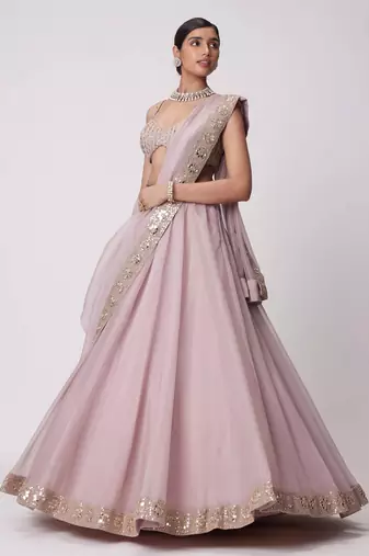Ash Pink 5MM Sequins + Paper Mirror with Zari Embroidered Organza Silk Wedding Lehenga Choli
