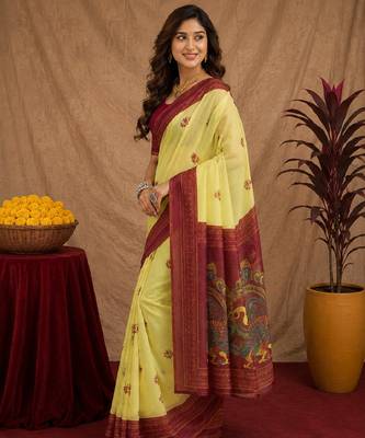  yellow maroon chanderi cotton blend printed 1 minute ready to wear saree with unstitched blouse piece 3